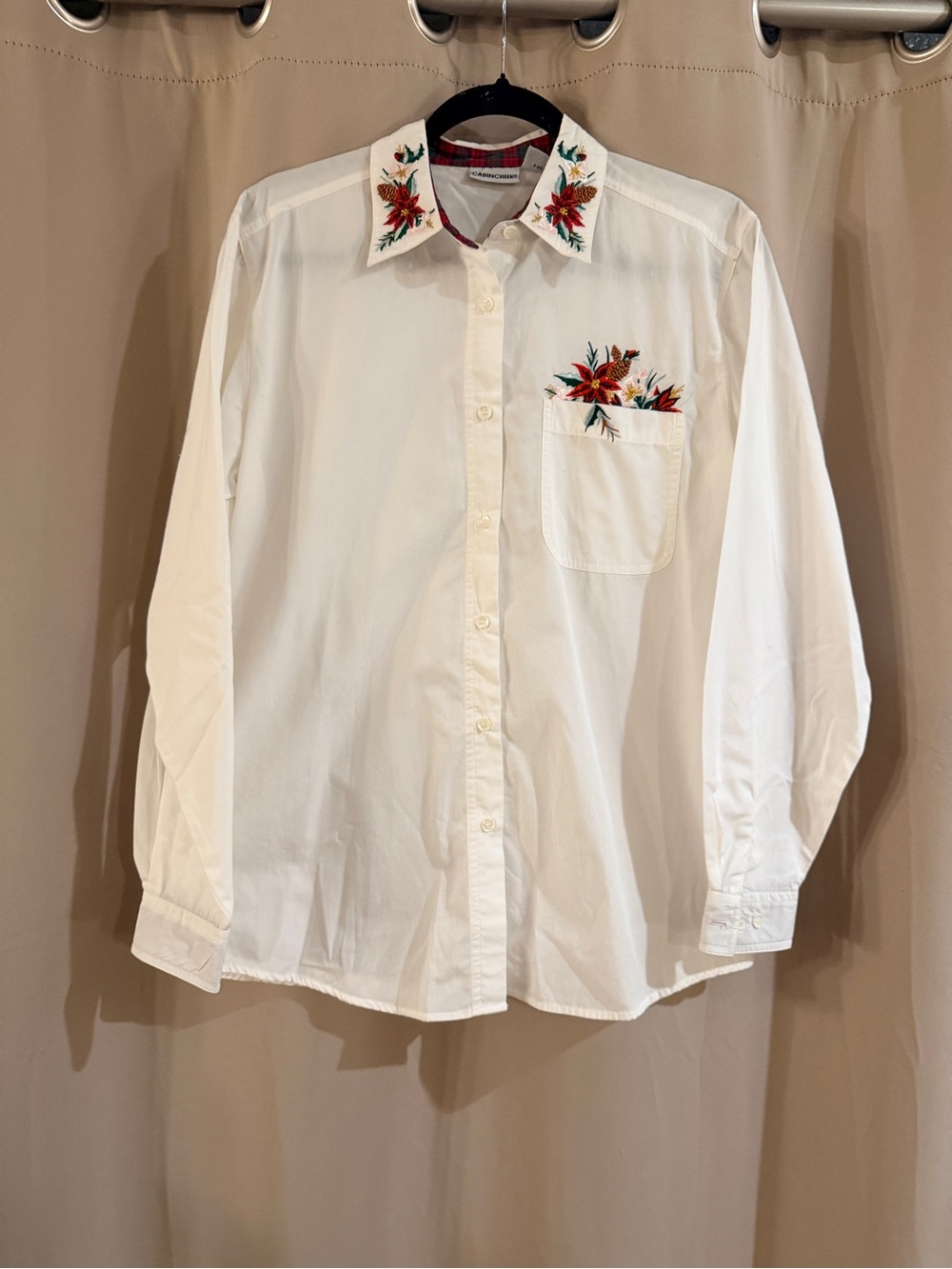 Cabin CREEK Embroidered White Button-Up Shirt with Floral Collar